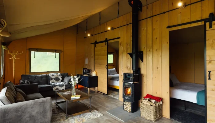 Wood burner inside Grisway Lodge creating a cosy and comfortable space