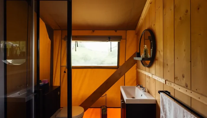 Indoor bathroom at Grisway Lodge with toilet, sink and waterfall shower