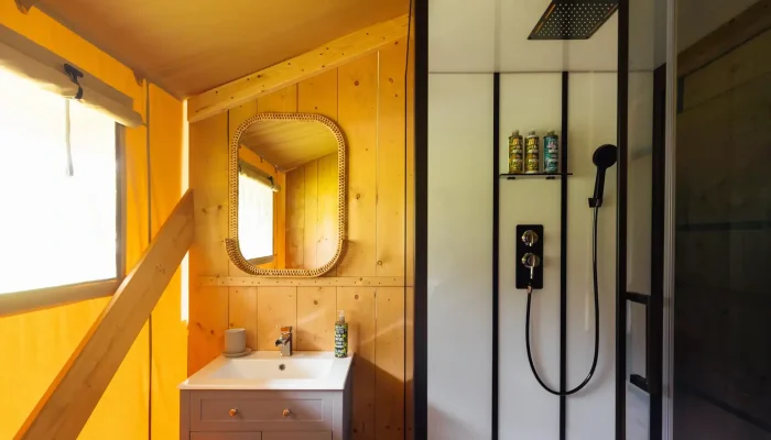 Indoor bathroom at Horsecombe Lodge with toilet, sink and waterfall shower